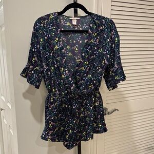 Floral Navy Short Satin Intimate Romper